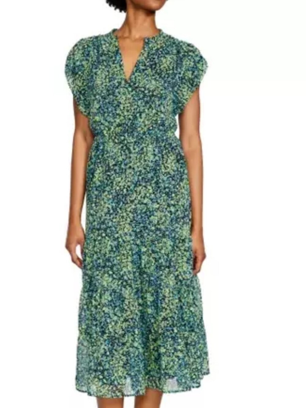 STEVE MADDEN LARGE FLORAL DRESS. SHORT SLEEVES. FLOWY. V Neck